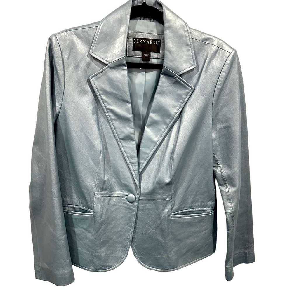 Bernardo Stunning Silvery Blue Leather Blazer Jacket L - Picture 2 of 13